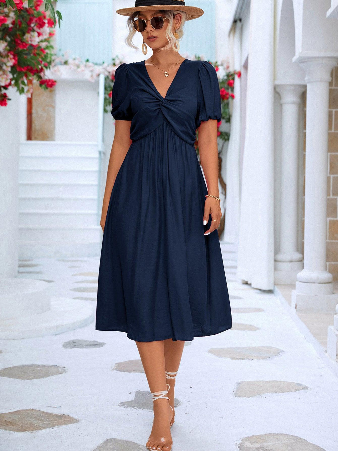 Twisted Short Puff Sleeve V-Neck Dress - BELLATRENDZ