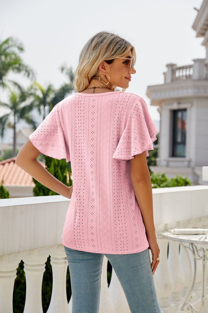 Eyelet Flutter Sleeve Round Neck Top