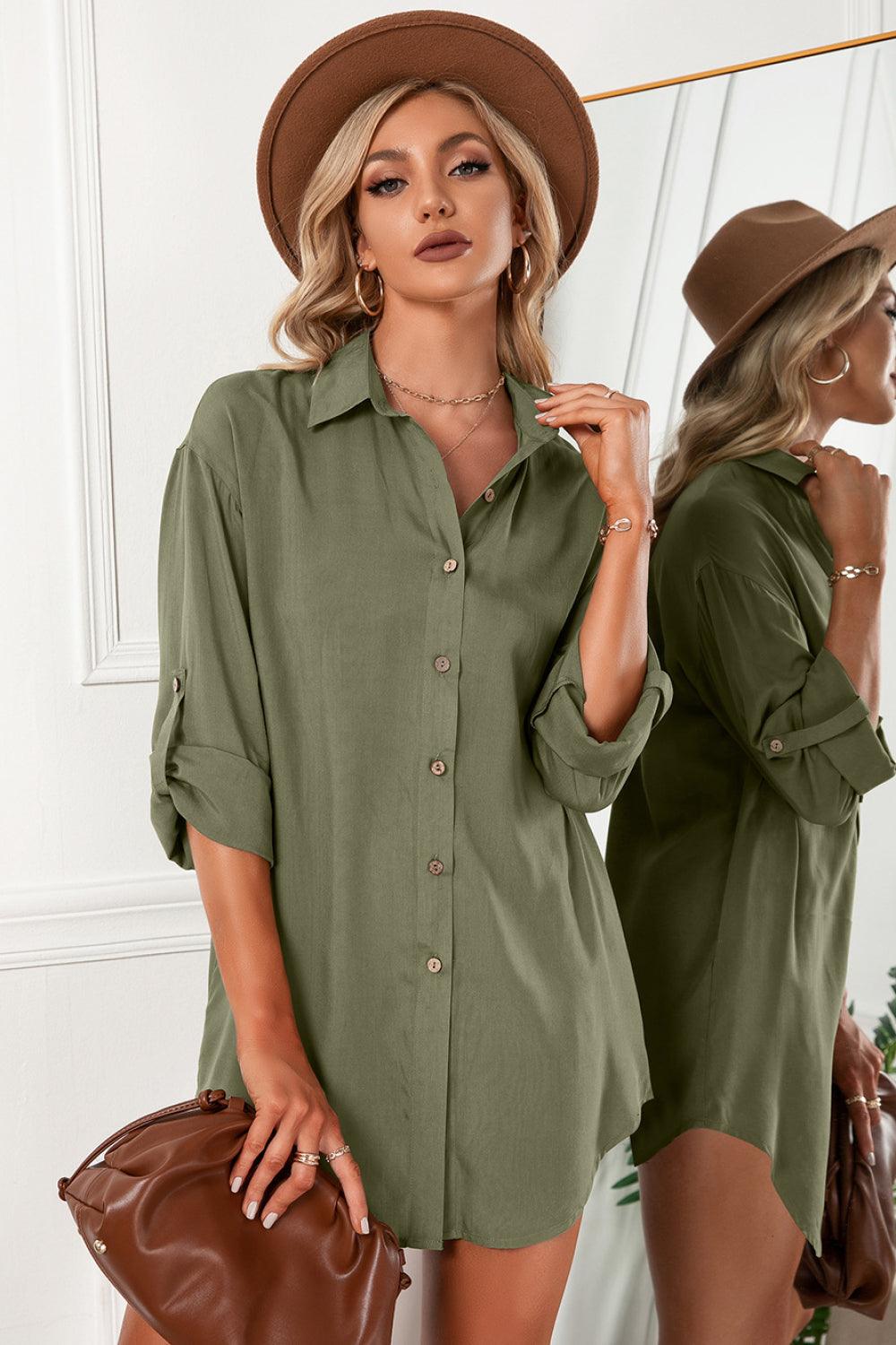 Solid Button Up Drop Shoulder Blouse - BELLATRENDZ