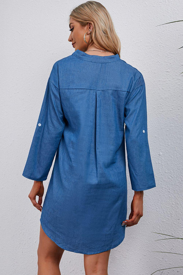 Half-Button Notched Neck High-Low Denim Dress - BELLATRENDZ