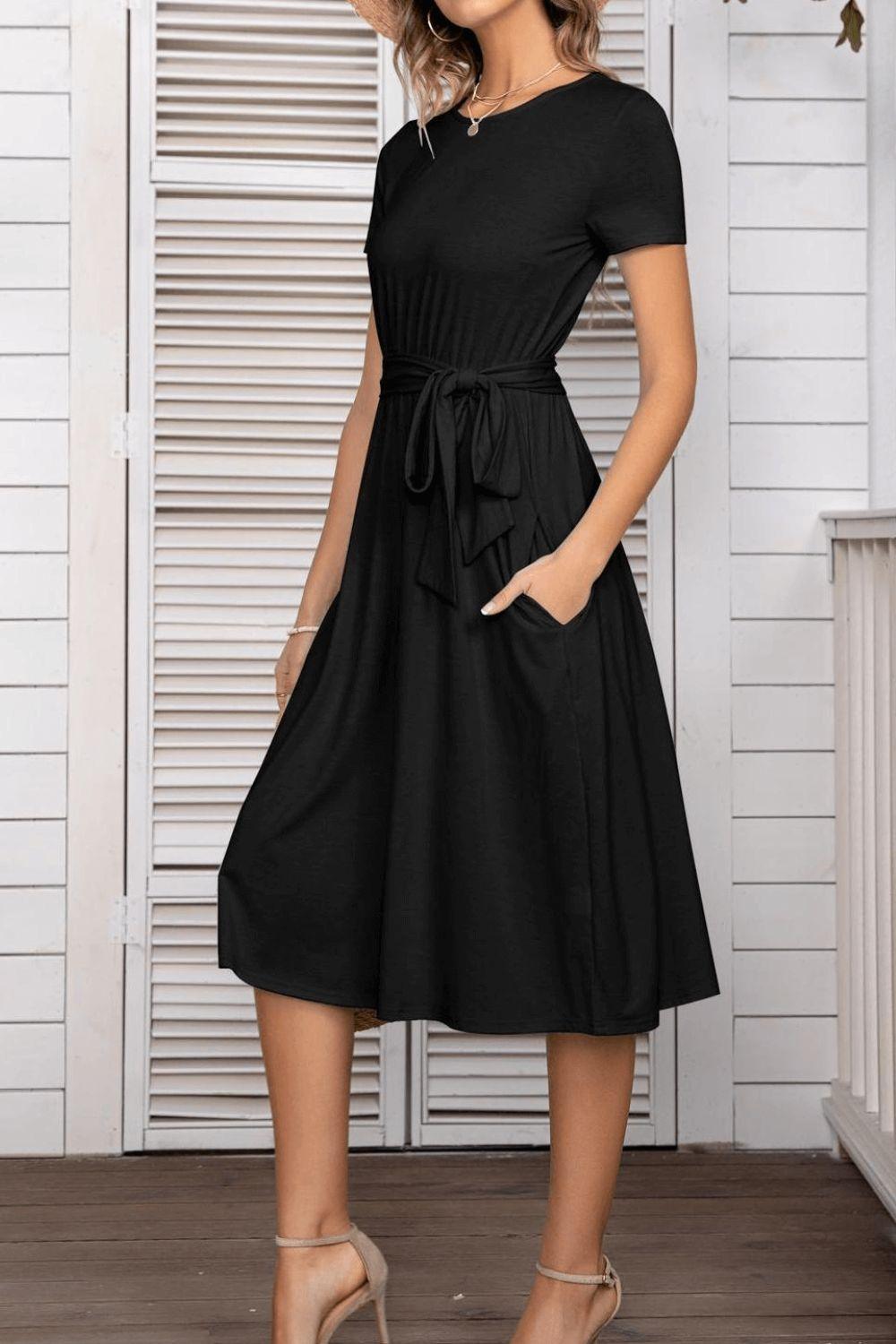 Belted Tee Dress With Pockets - BELLATRENDZ