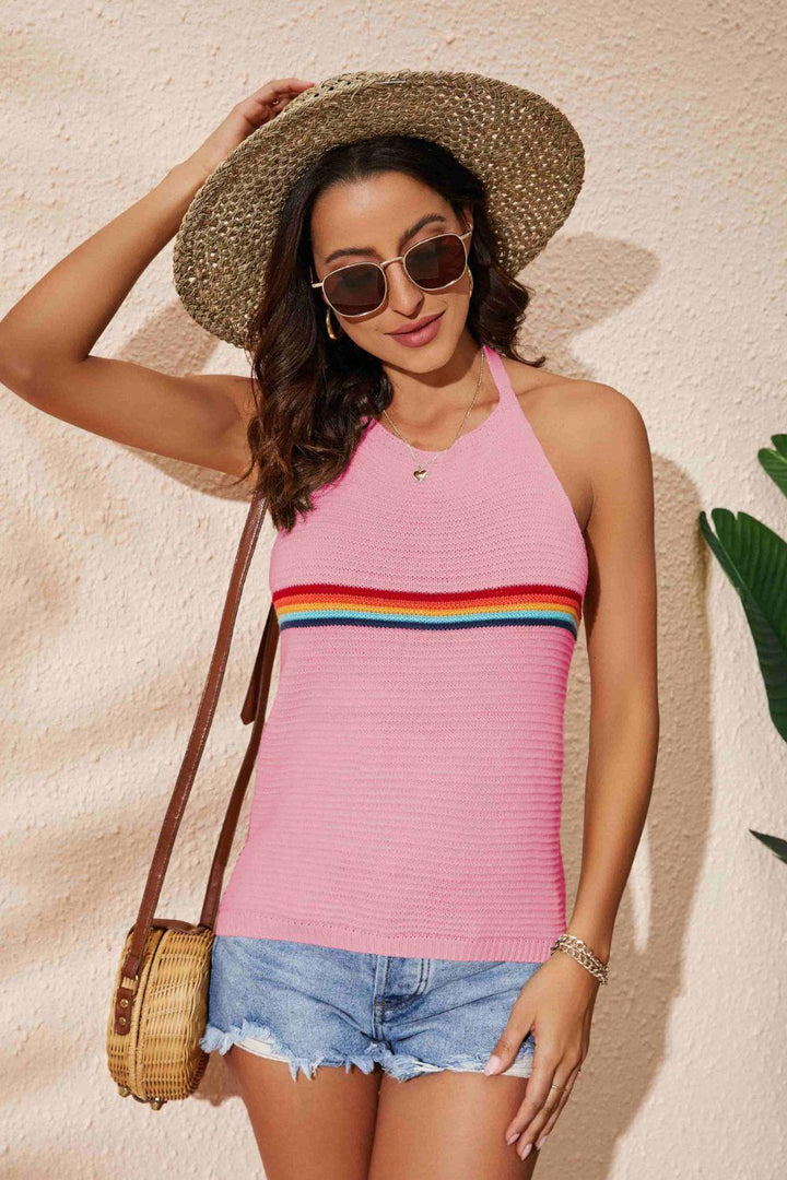 Rainbow Stripe Halter Neck Knit Tank - BELLATRENDZ