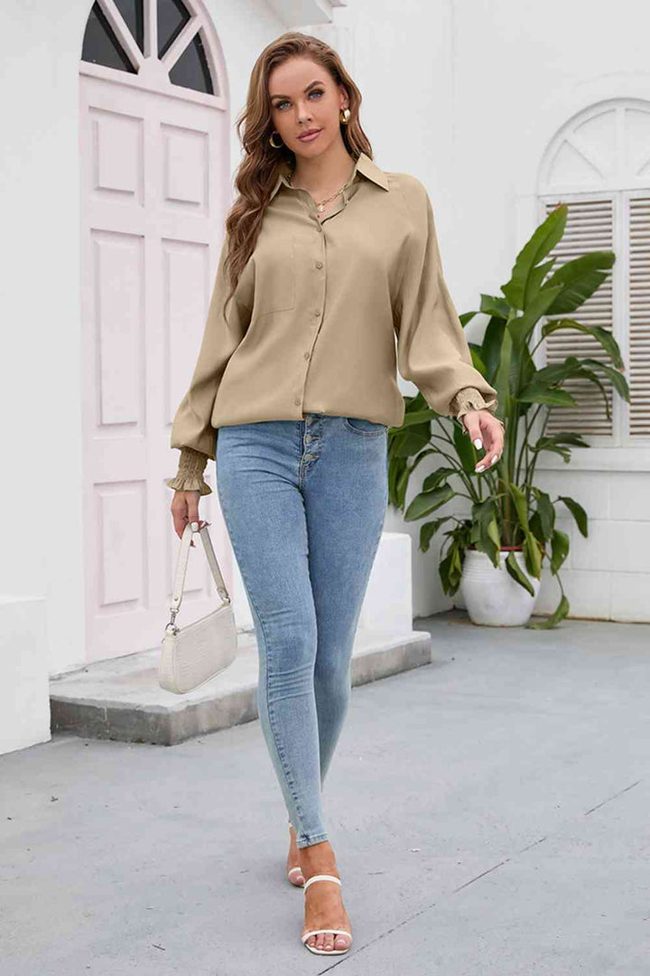 High-Low Collared Neck Lantern Sleeve Shirt