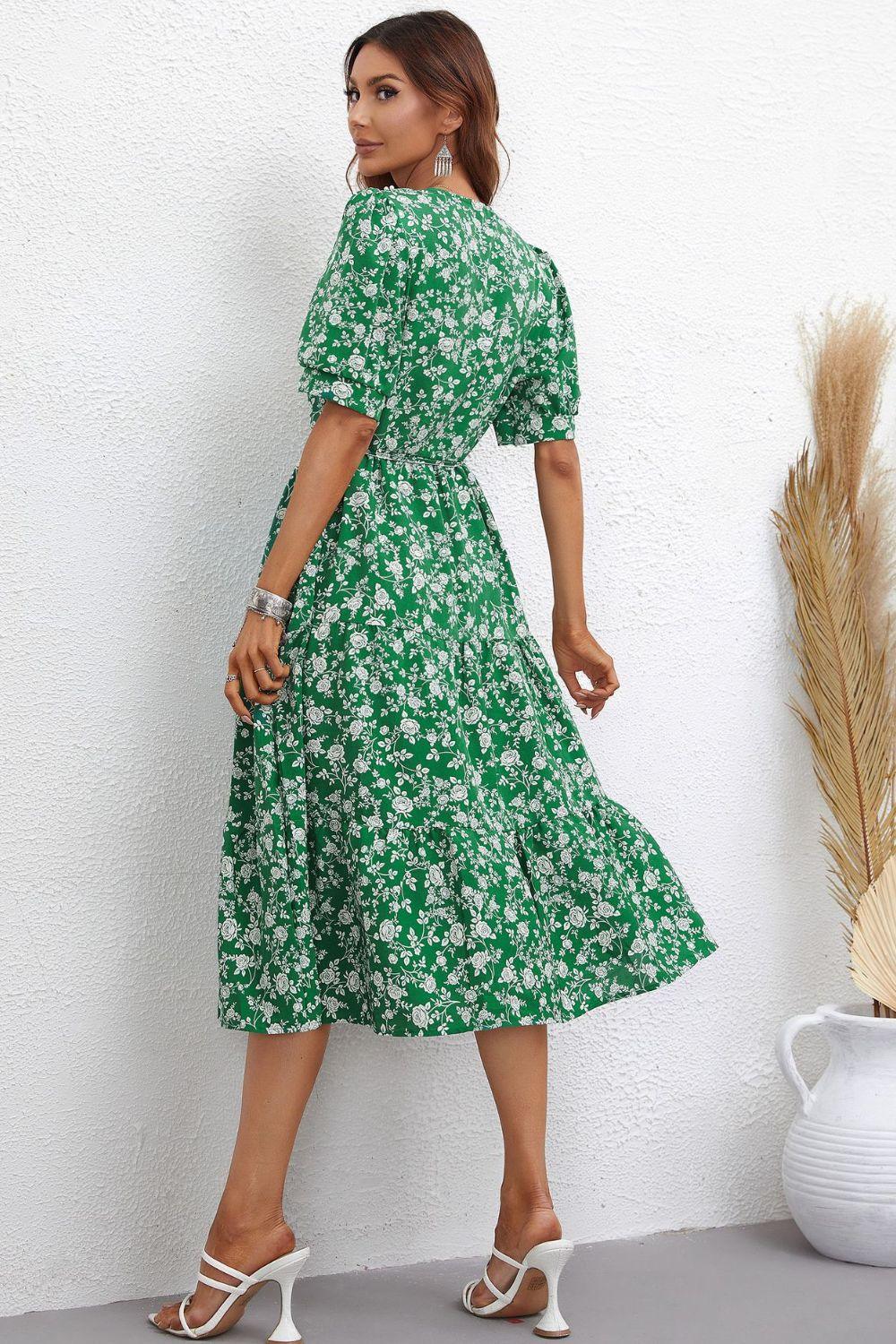 Floral Tie Waist Puff Sleeve Midi Dress - BELLATRENDZ