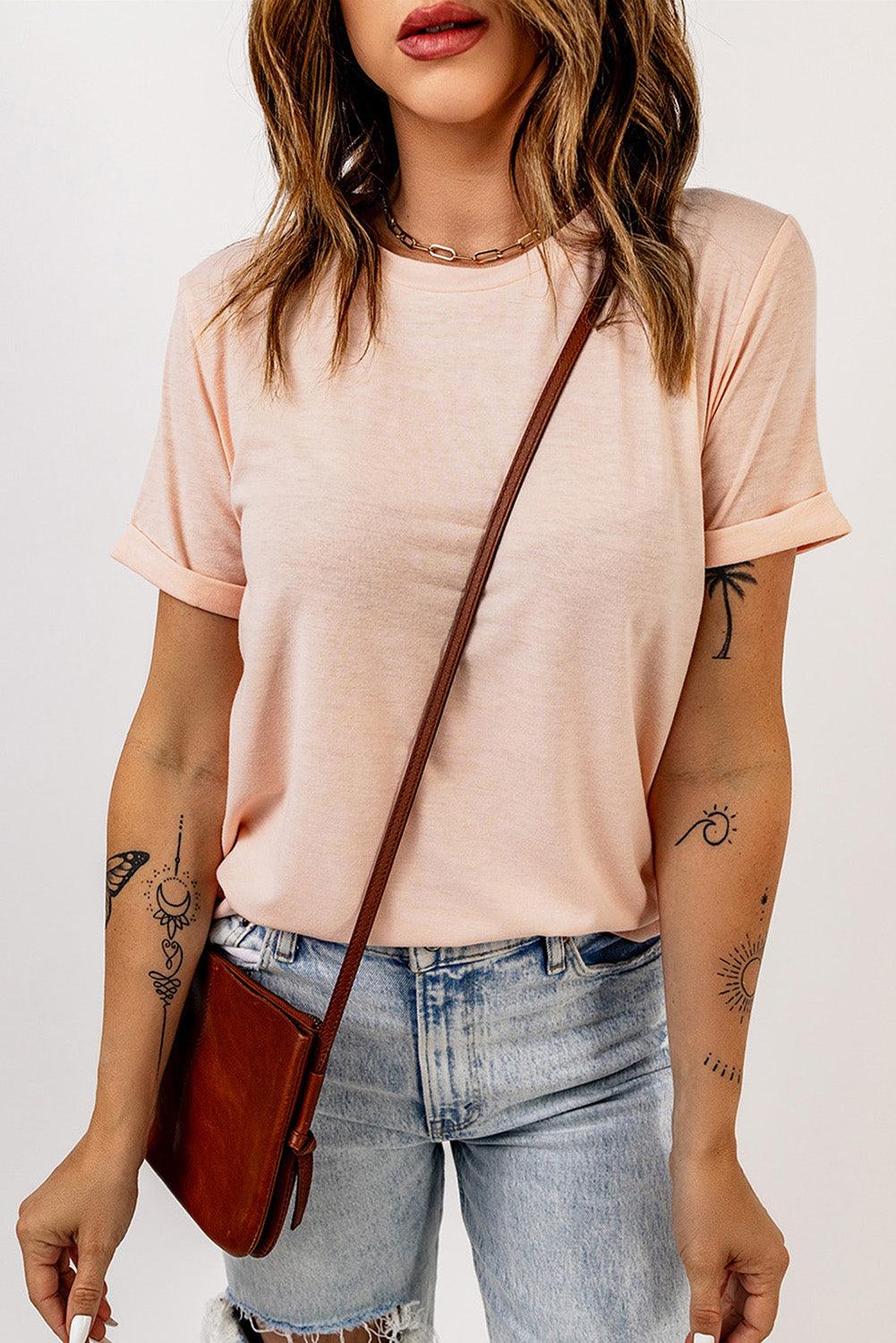 Round Neck Cuffed Short Sleeve Tee - BELLATRENDZ