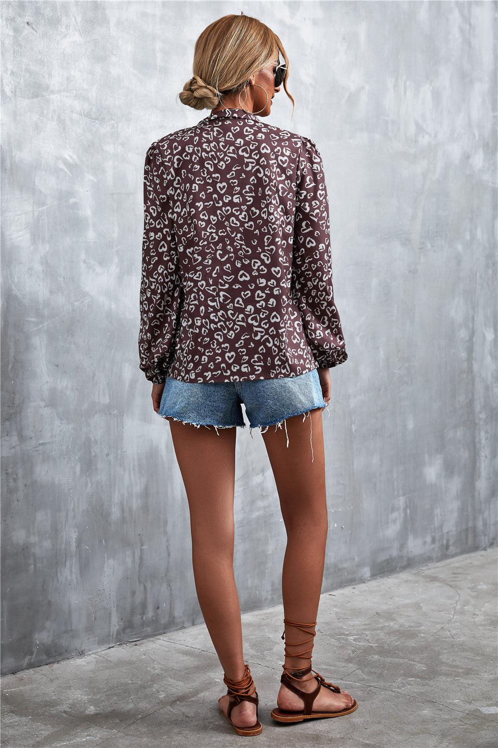 Printed Tie Neck Puff Sleeve Blouse - BELLATRENDZ