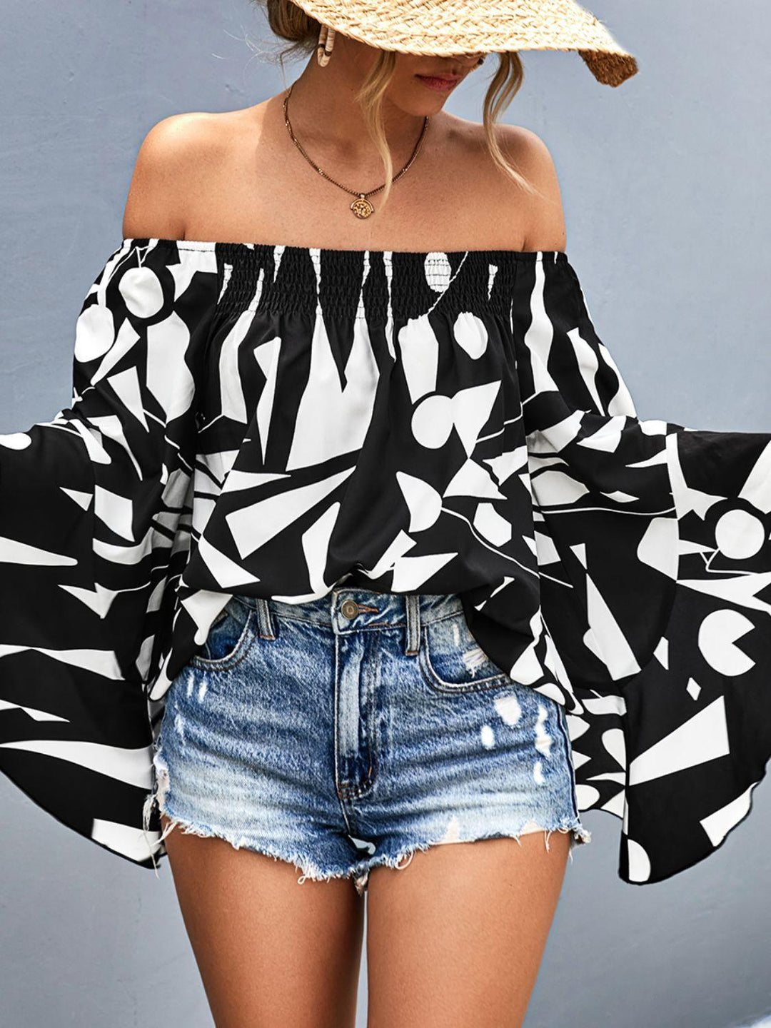 Printed Off-Shoulder Bell Sleeve Blouse - BELLATRENDZ