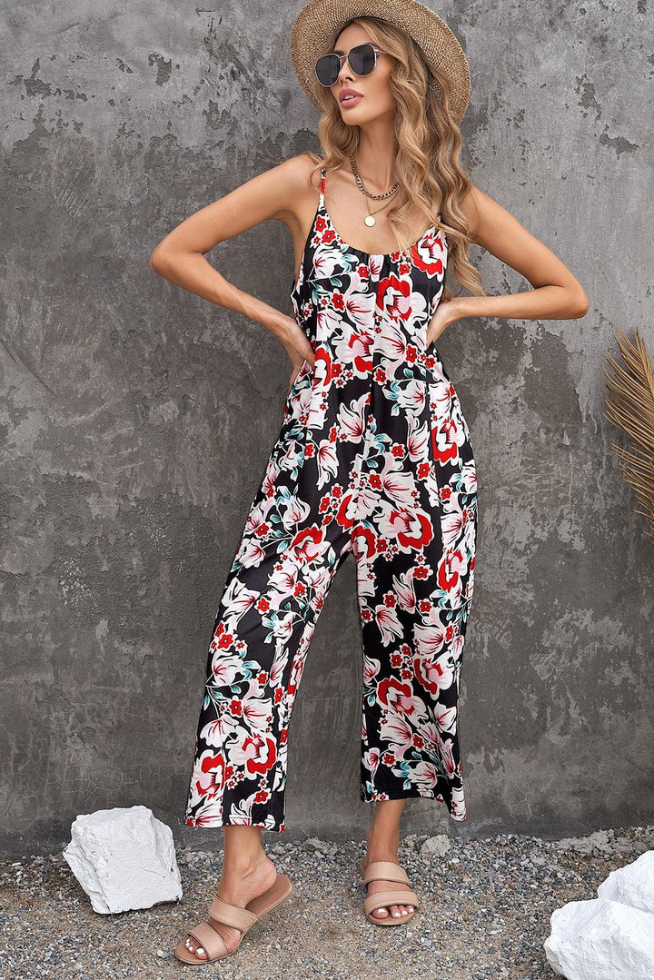 Botanical Print Spaghetti Strap Cropped Jumpsuit - BELLATRENDZ