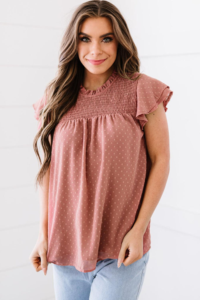 Polka Dot Smocked Flutter Sleeve Blouse - BELLATRENDZ