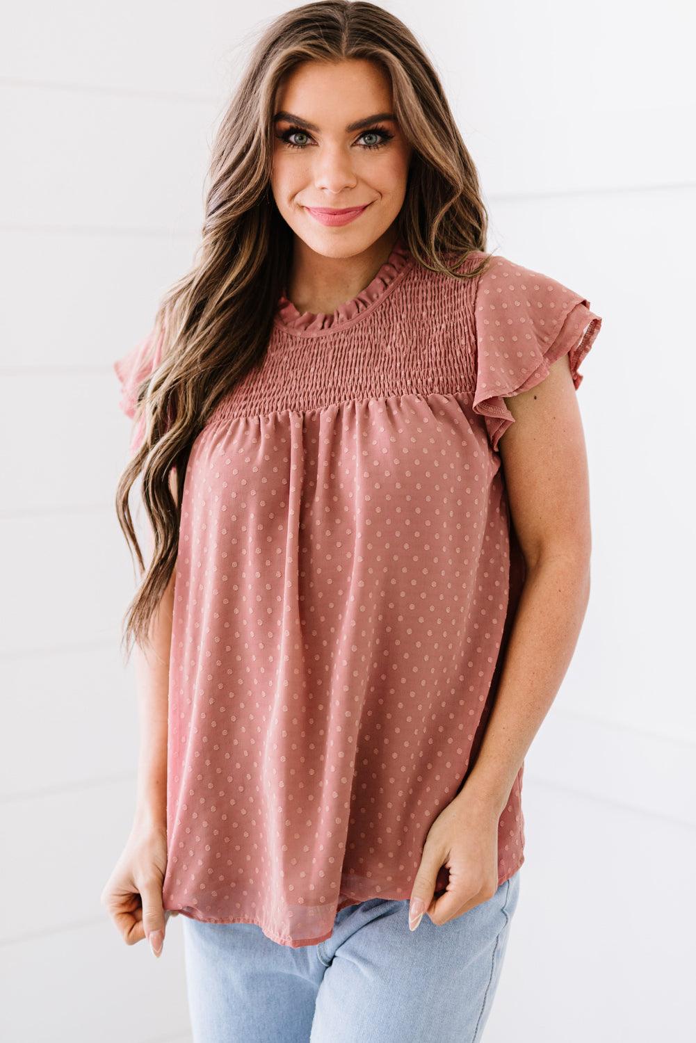 Polka Dot Smocked Flutter Sleeve Blouse - BELLATRENDZ