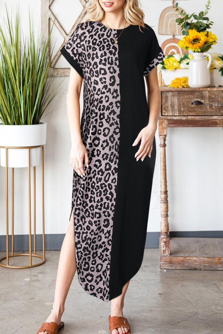 Leopard Color Block Split Dress - BELLATRENDZ