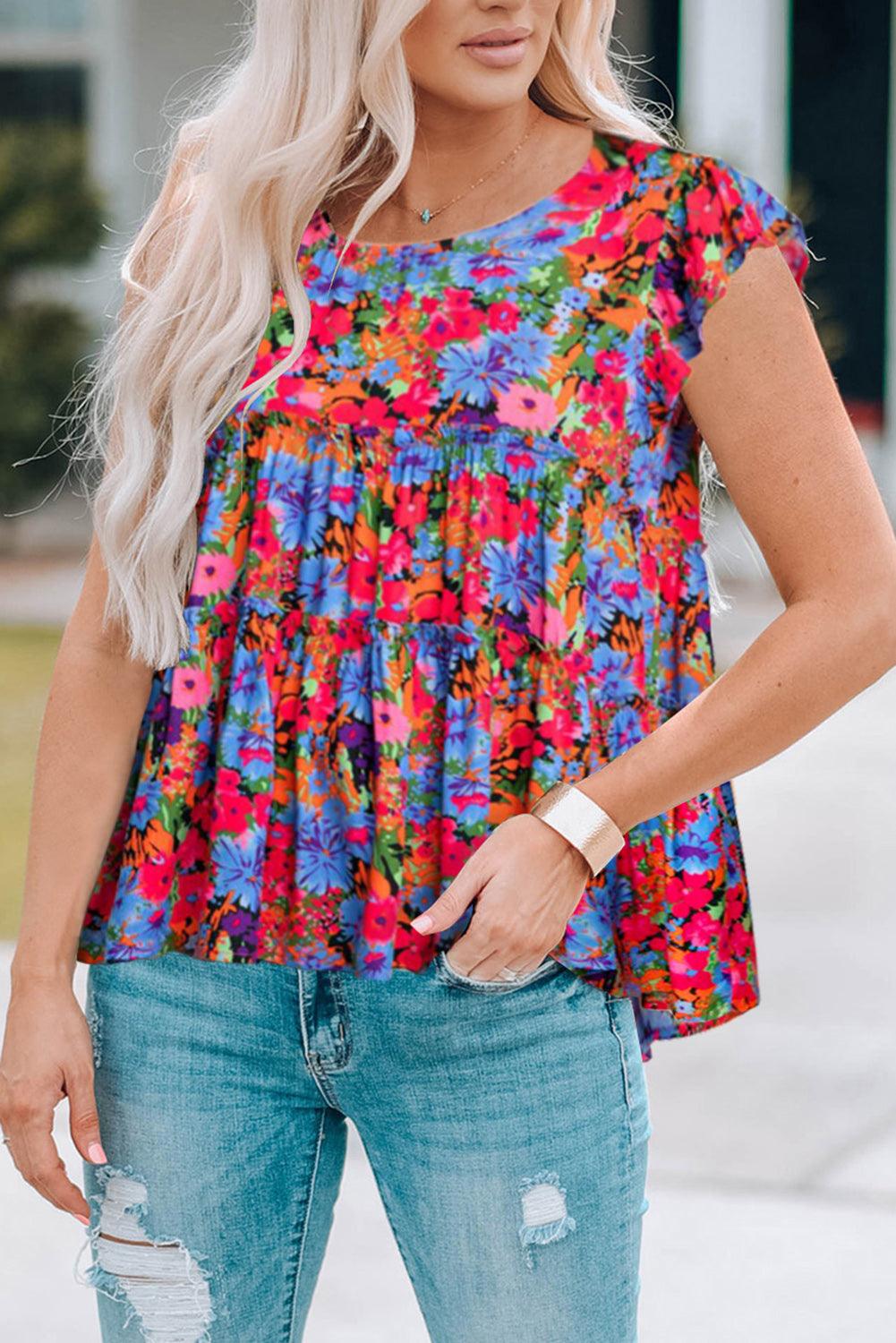 Floral Round Neck Frill Trim Blouse - BELLATRENDZ