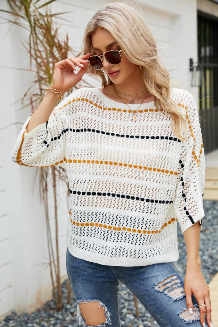 Striped Openwork Three-Quarter Sleeve Knit Top - BELLATRENDZ