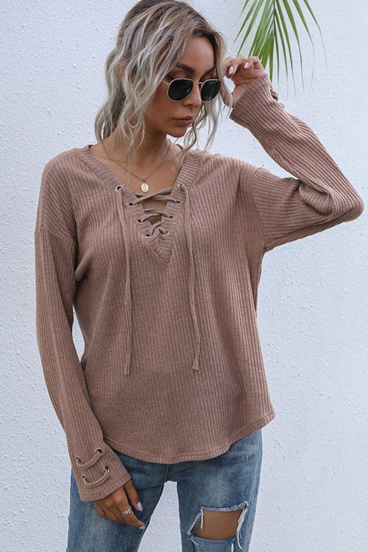 Lace-Up V-Neck Ribbed Top - BELLATRENDZ