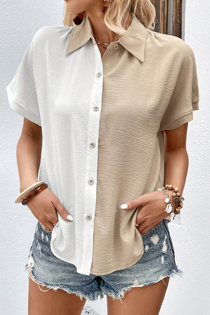 Two-Tone Contrast Short Sleeve Shirt - BELLATRENDZ