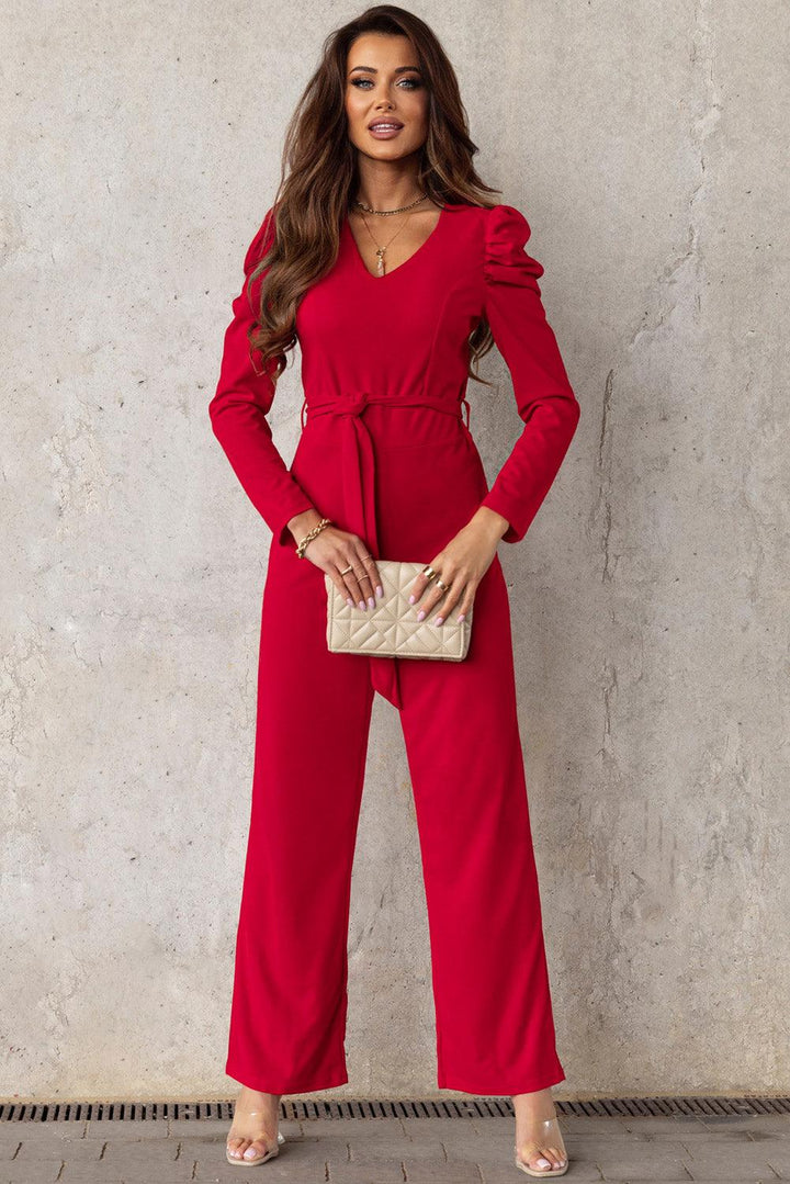 Belted Long Puff Sleeve V-Neck Jumpsuit - BELLATRENDZ