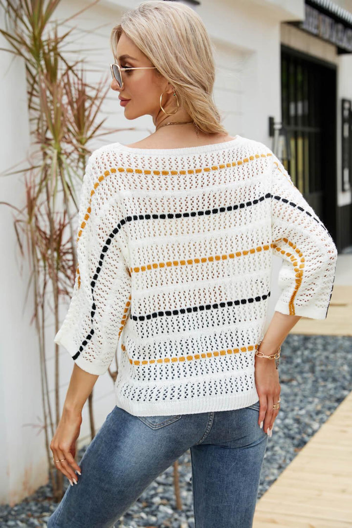 Striped Openwork Three-Quarter Sleeve Knit Top - BELLATRENDZ