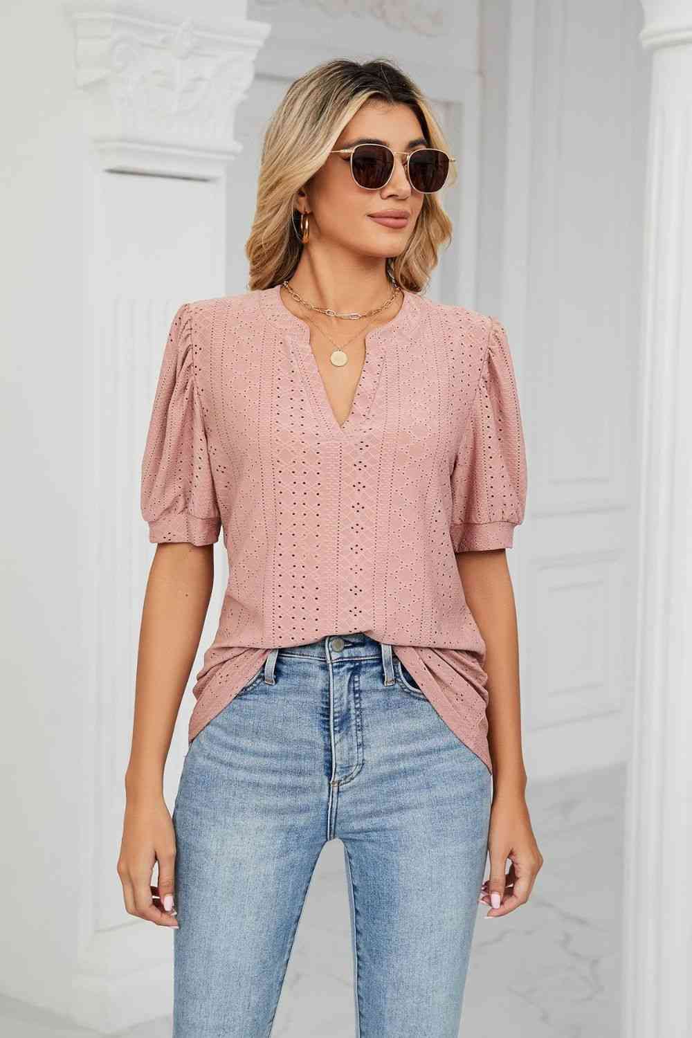 Eyelet Short Puff Sleeve Notched Neck Top