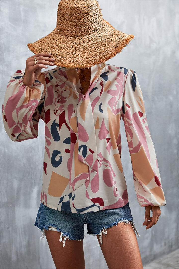 Printed Tie Neck Puff Sleeve Blouse - BELLATRENDZ