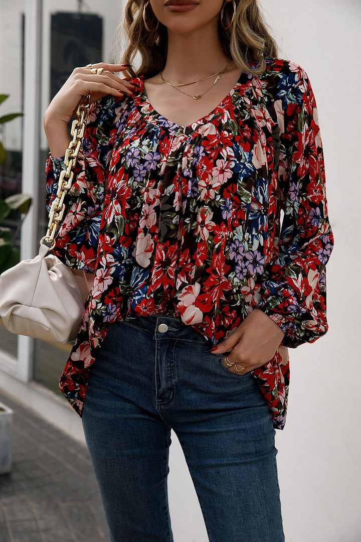 Floral Print Balloon Sleeve Ruched Blouse