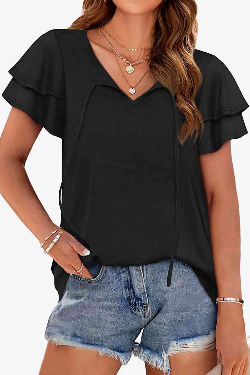 Tie-Neck Layered Flutter Sleeve Blouse