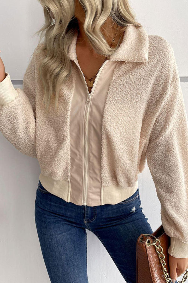 Zip-Up Sherpa Collared Neck Jacket with Pockets - BELLATRENDZ