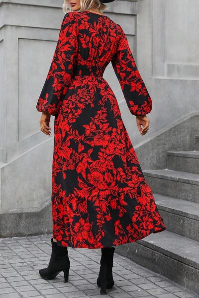 Printed Surplice Balloon Sleeve Midi Dress