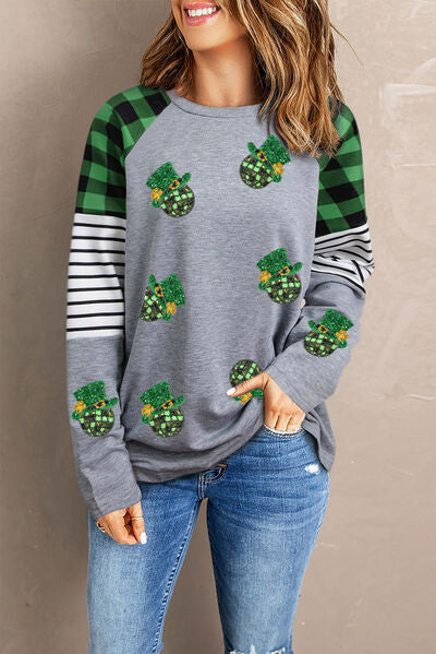 Sequin Plaid Round Neck Sweatshirt