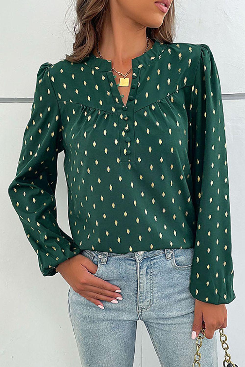 Printed Buttoned Puff Sleeve Blouse - BELLATRENDZ