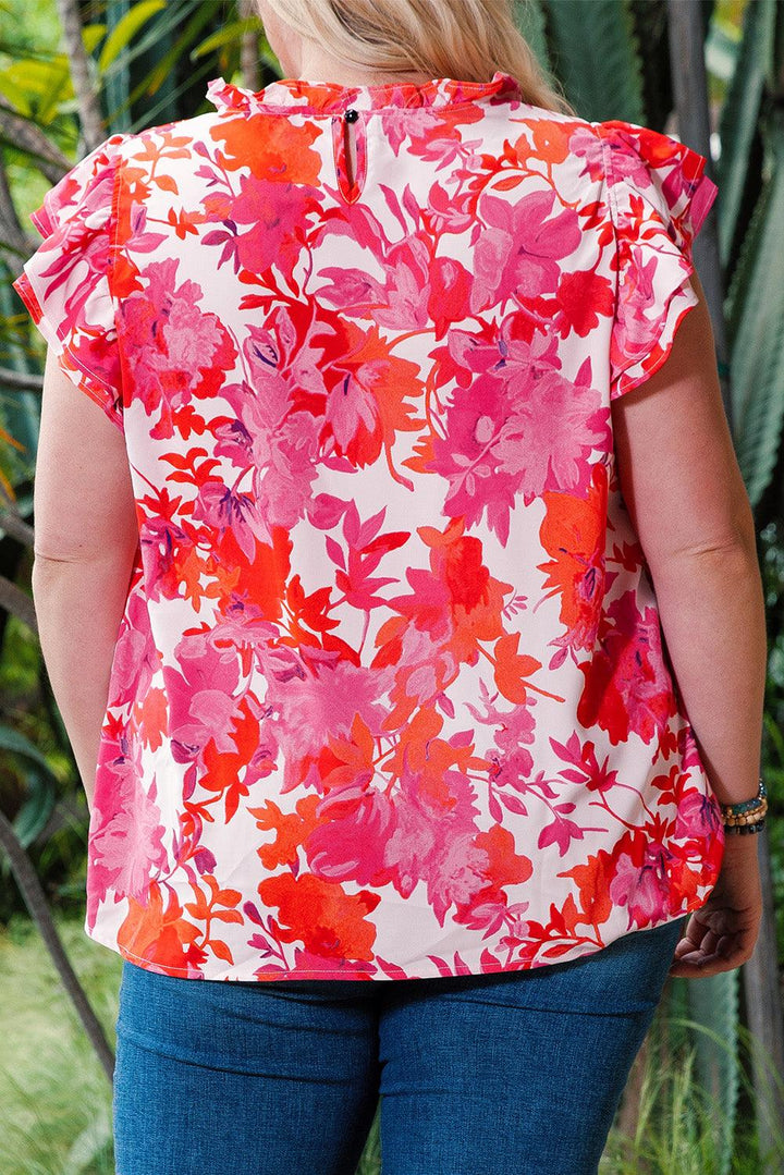 Plus Size Floral Flutter Sleeve Round Neck Blouse - BELLATRENDZ