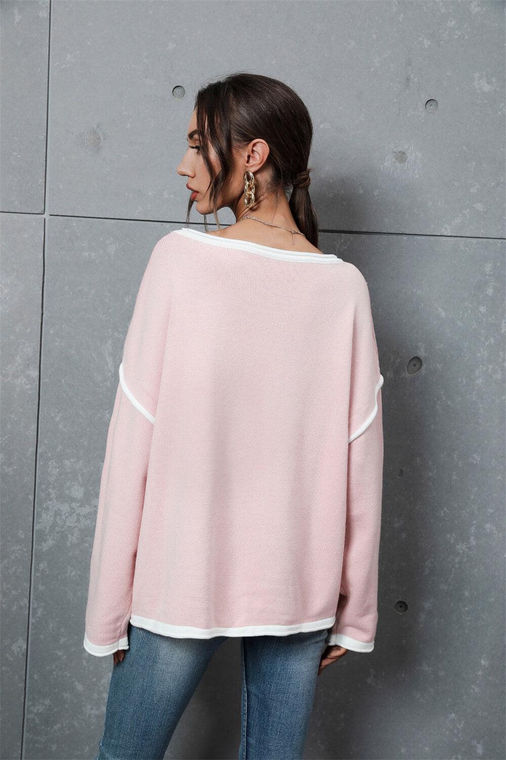 Contrast Detail Dropped Shoulder Knit Pullover - BELLATRENDZ