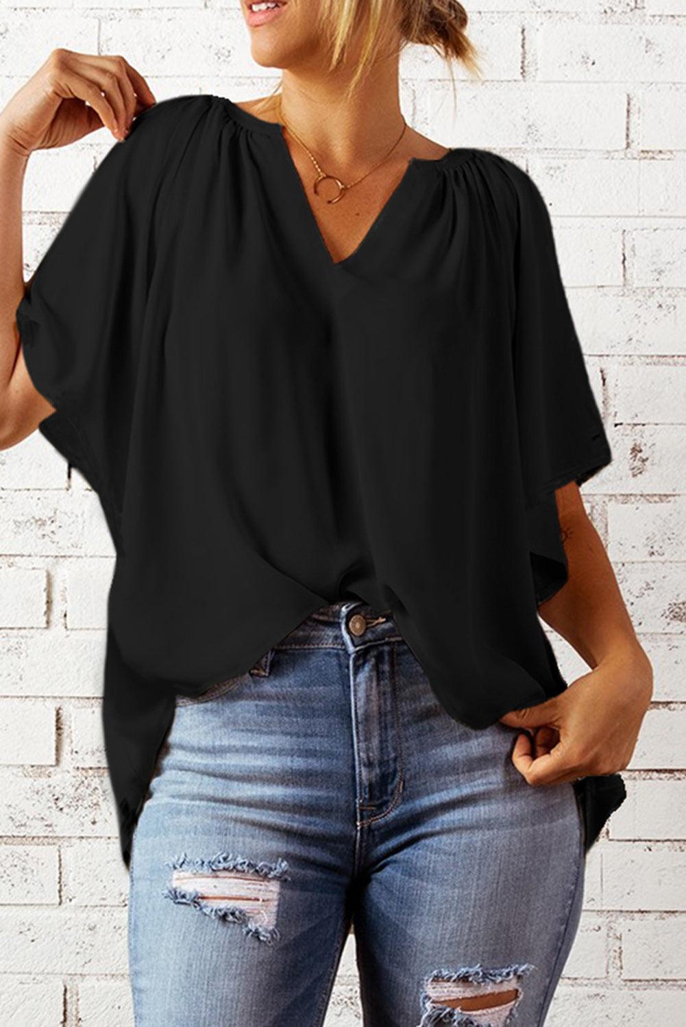 Gathered Detail Notched Neck Flutter Sleeve Top - BELLATRENDZ