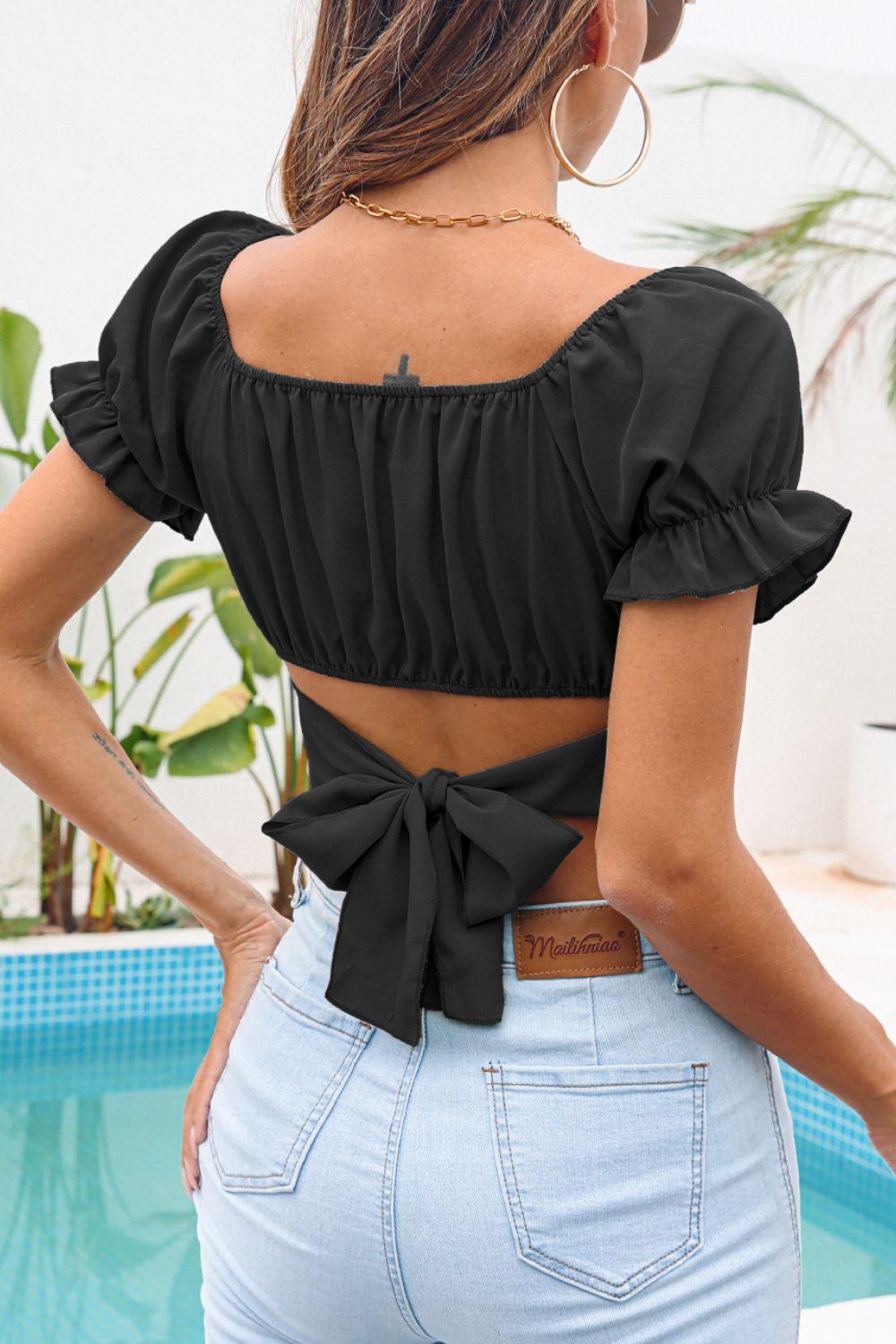 Ruched Square Neck Tie Back Cropped Top - BELLATRENDZ