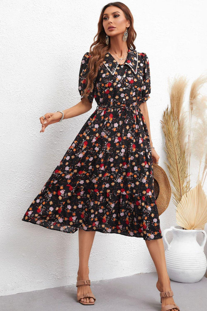 Floral Collared Neck Puff Sleeve Dress - BELLATRENDZ