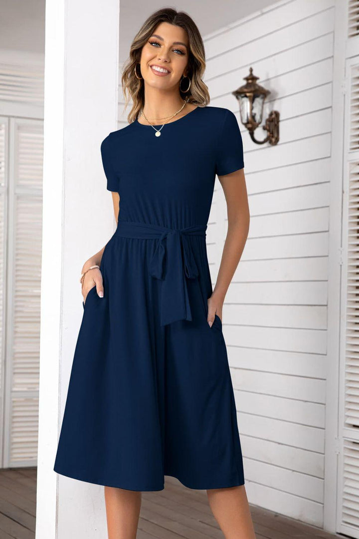 Belted Tee Dress With Pockets - BELLATRENDZ