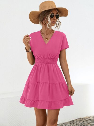 Ruffled Smocked V-Neck Tiered Dress