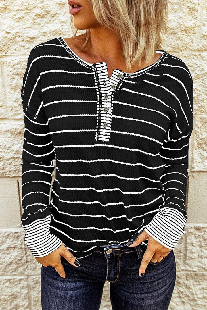 Striped Waffle Knit Henley Long Sleeve Top - BELLATRENDZ