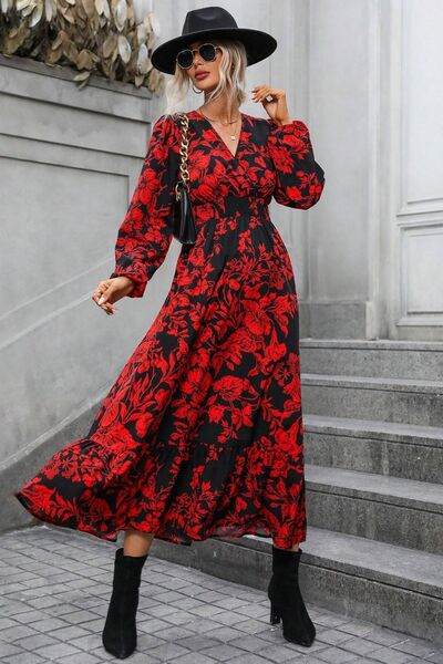 Printed Surplice Balloon Sleeve Midi Dress