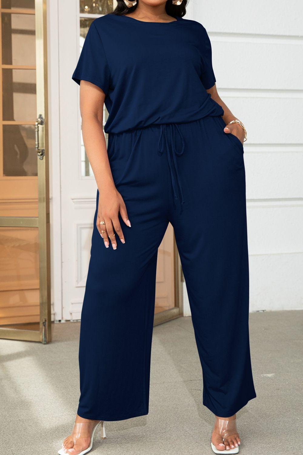 Plus Size Drawstring Waist Short Sleeve Jumpsuit - BELLATRENDZ