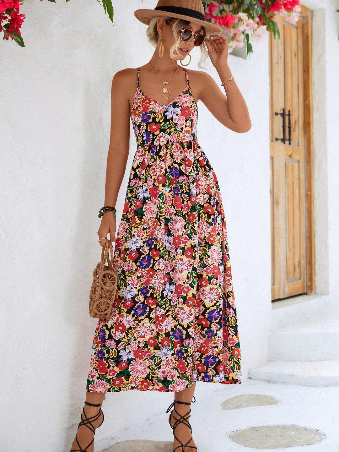 Floral Crisscross Backless Split Dress - BELLATRENDZ