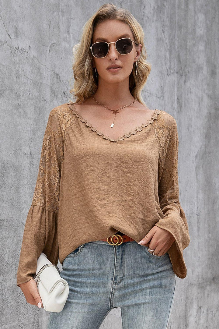 V-Neck Spliced Lace Flare Sleeve Top - BELLATRENDZ