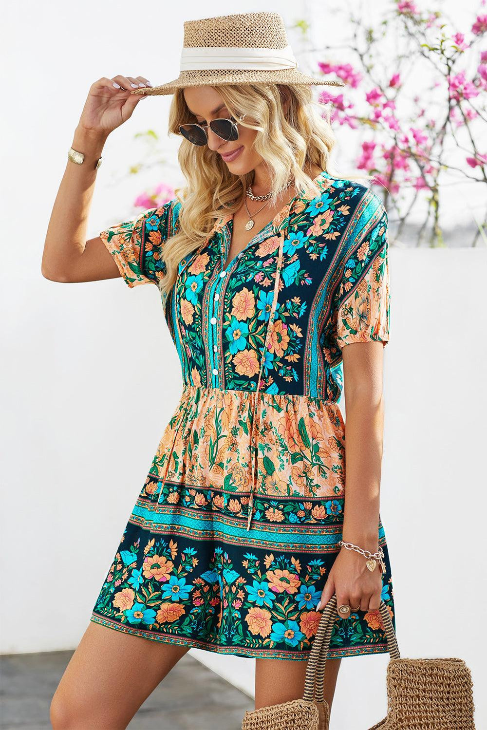 Floral Multicolored Tie-Neck Romper - BELLATRENDZ