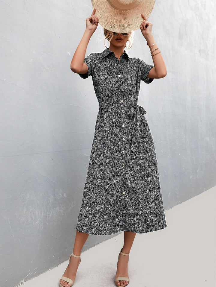 Printed Tie Waist Short Sleeve Shirt Dress - BELLATRENDZ