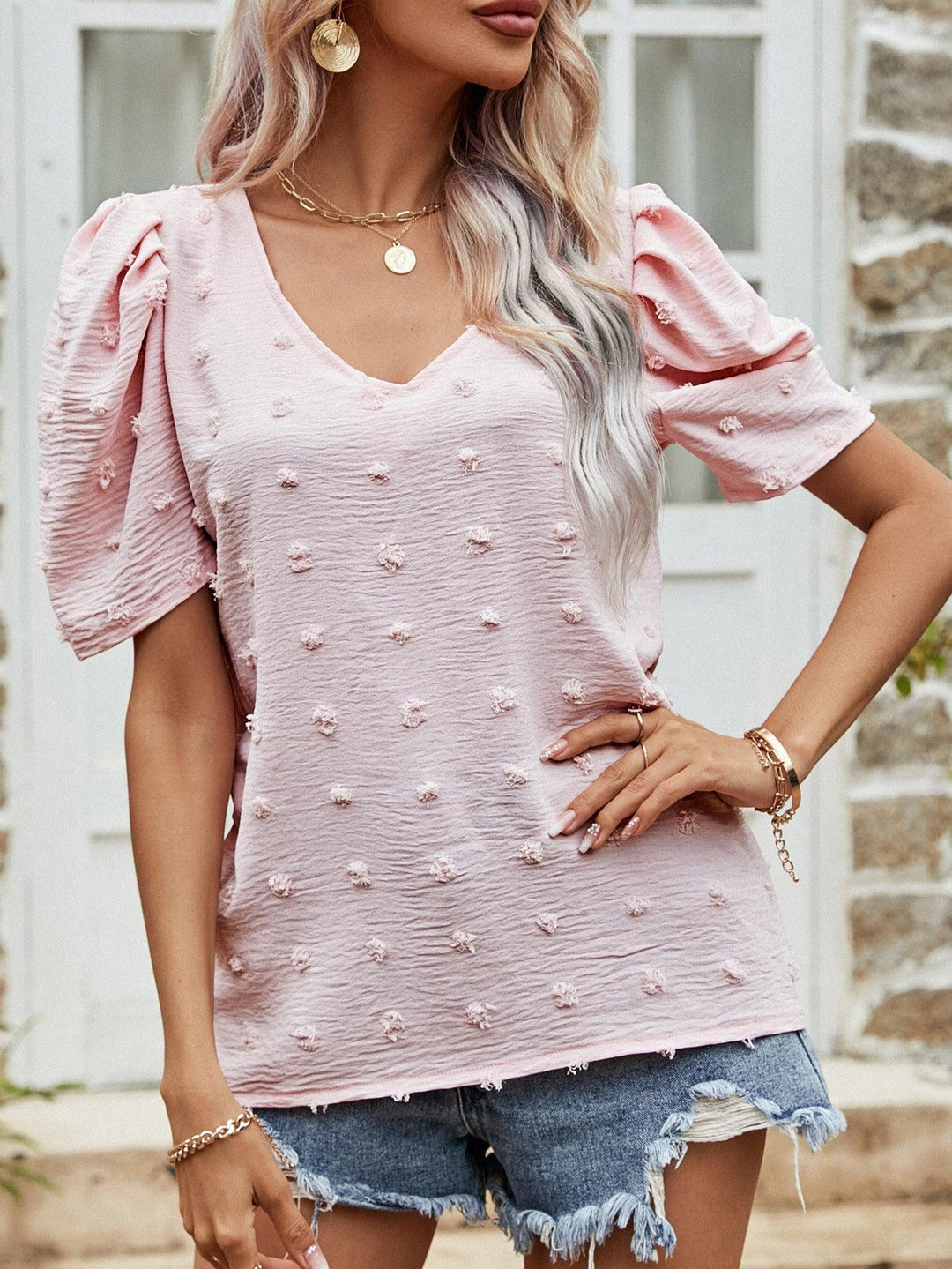 Swiss Dot Short Puff Sleeve Top - BELLATRENDZ