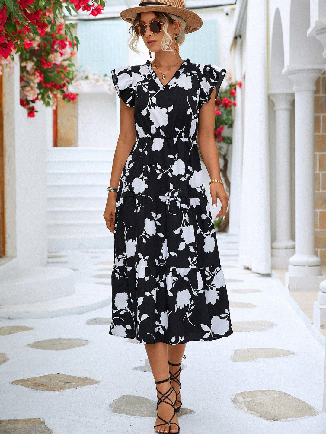 Floral Frill Trim V-Neck Tiered Midi Dress - BELLATRENDZ