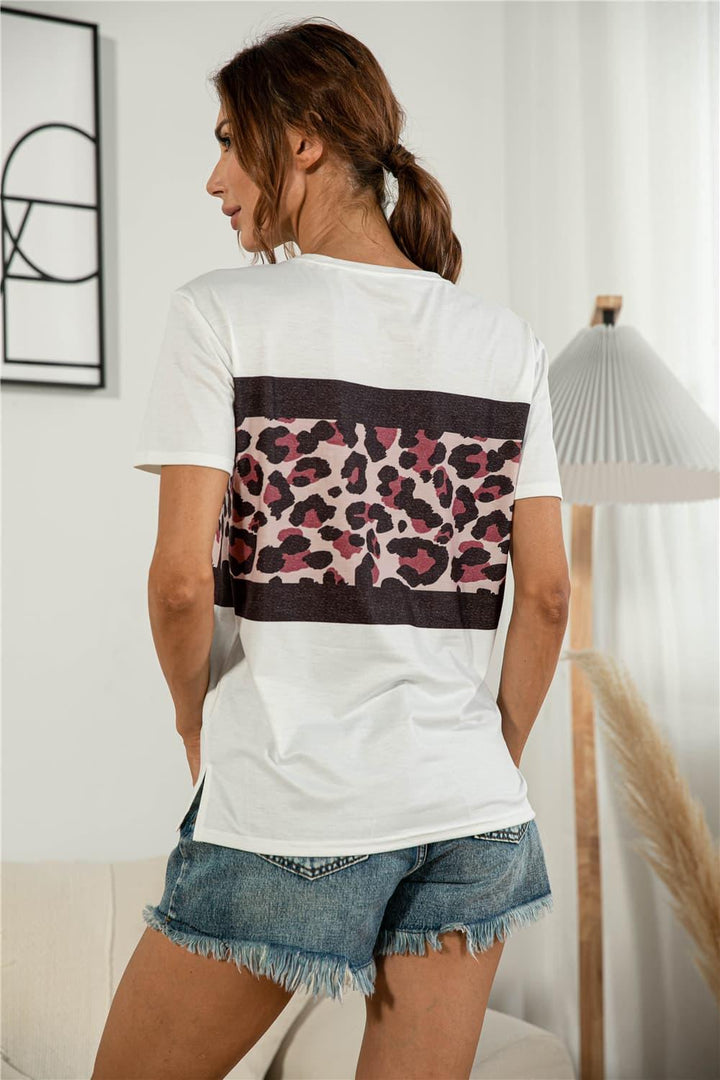 Leopard Color Block Side Slit Tee - BELLATRENDZ