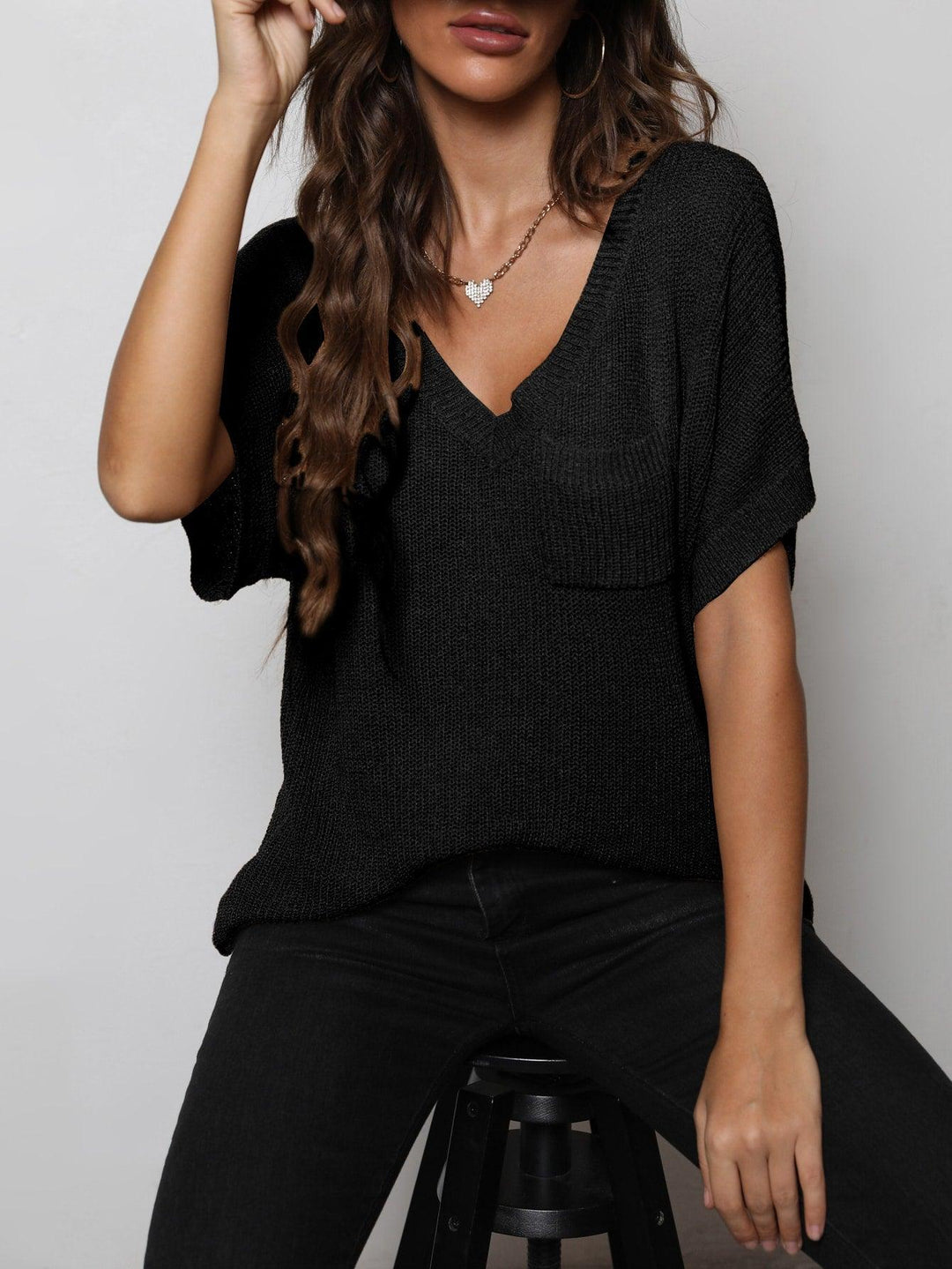 V-Neck Slit High-Low Knit Top - BELLATRENDZ