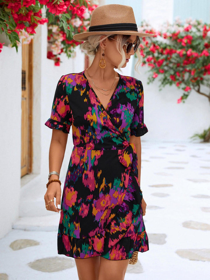 Printed Flounce Sleeve Tied Dress - BELLATRENDZ