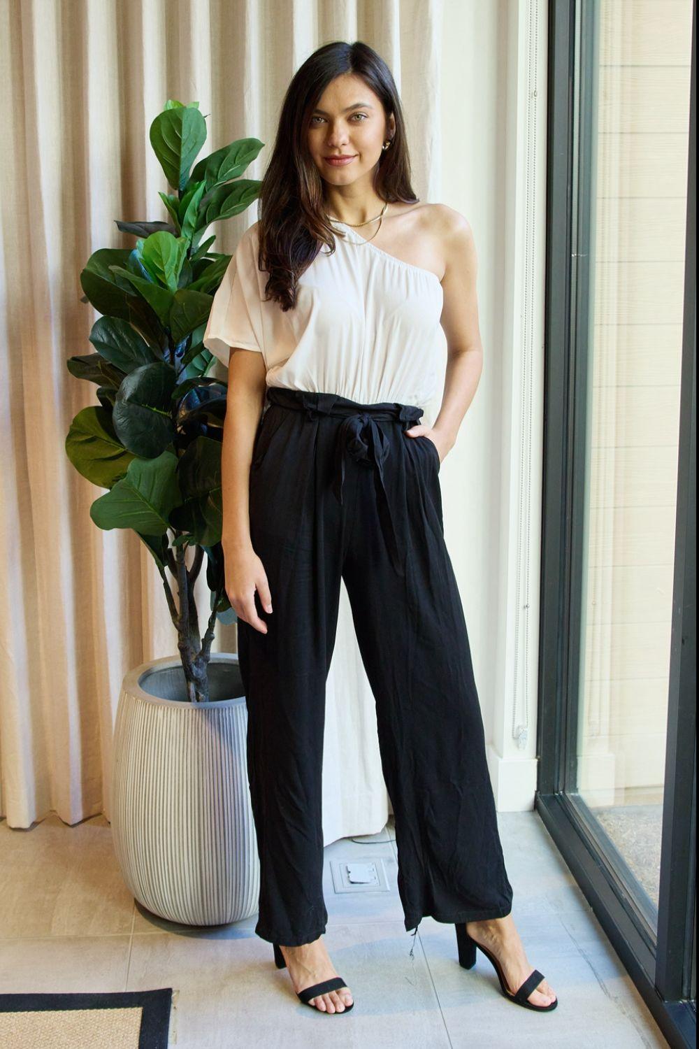 Dress Day Marvelous in Manhattan One-Shoulder Jumpsuit in White/Black - BELLATRENDZ