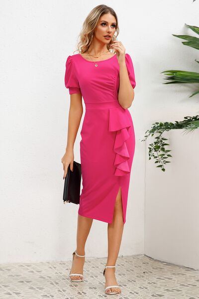 Slit Ruffled Puff Sleeve Midi Dress